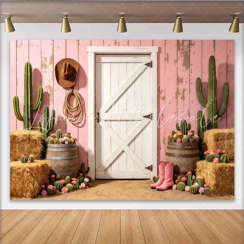 Lofaris Pink Western Photography Backdrop Rustic Barn Door and Cacti Scene Photo Booth Prop for Studio Photoshoot
