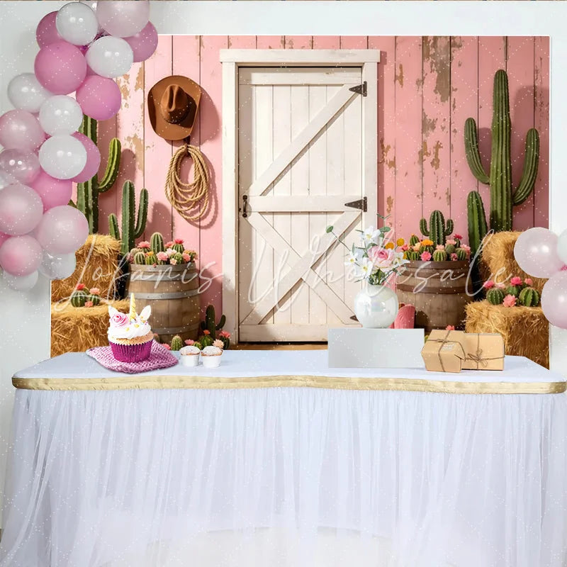 Lofaris Pink Western Photography Backdrop Rustic Barn Door and Cacti Scene Photo Booth Prop for Studio Photoshoot