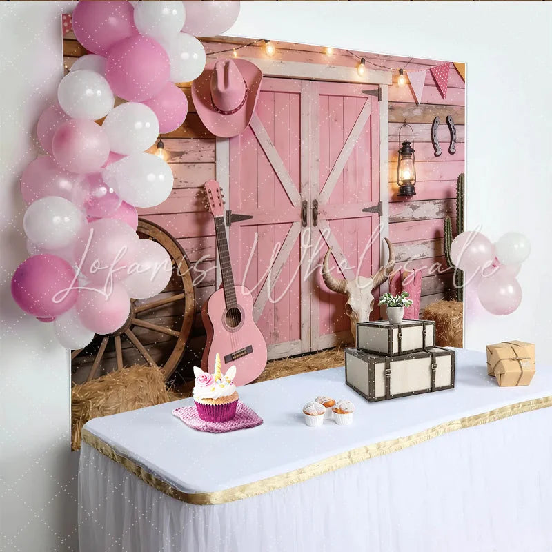 Lofaris Pink Western Photography Backdrop with Barn Doors Rustic Country Background for Photoshoot and Party Decor