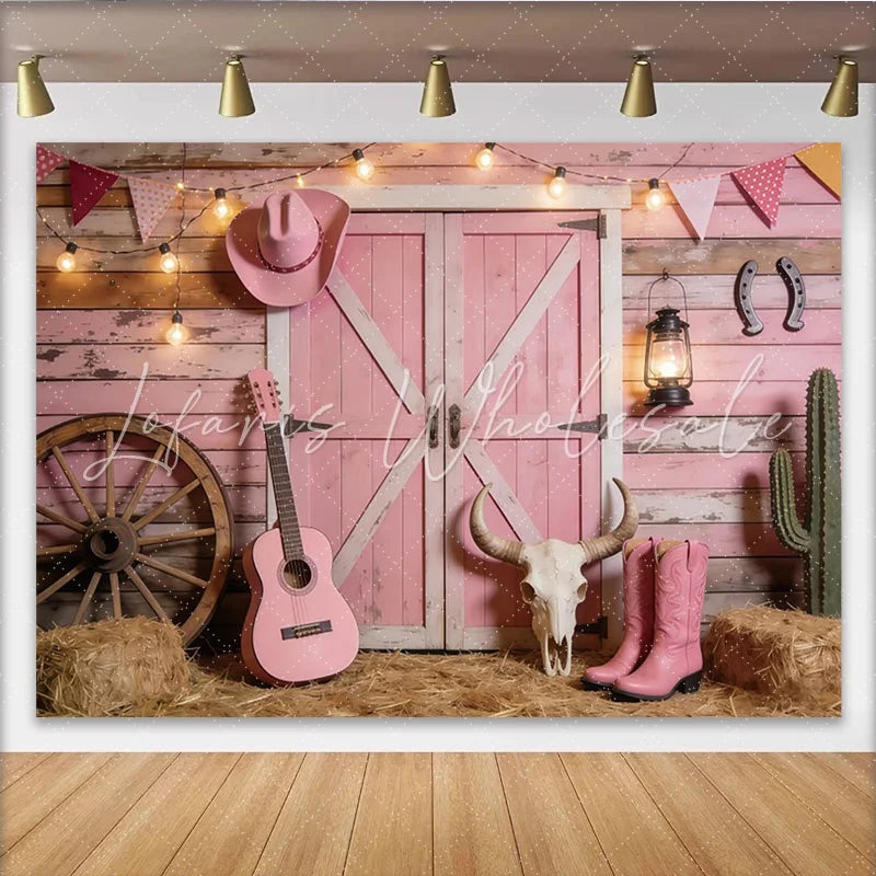Lofaris Pink Western Photography Backdrop with Barn Doors Rustic Country Background for Photoshoot and Party Decor