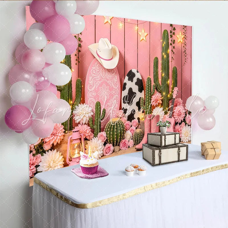 Lofaris Pink Western Photography Backdrop with Cowboy Hat Boots and Cacti Floral Cow Print for Girl’s Party Photoshoot Decor