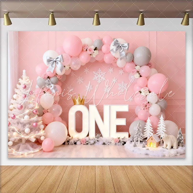 Lofaris Pink Winter ONEderland Birthday Cake Smash Backdrop Silver Bows and Balloon Arch with Snowflake Decor