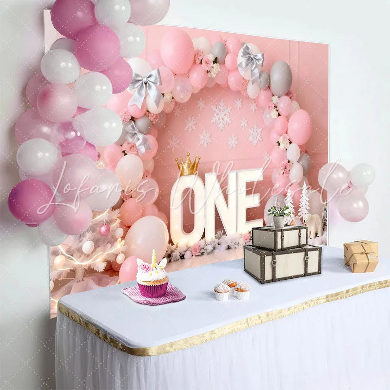 Lofaris Pink Winter ONEderland Birthday Cake Smash Backdrop Silver Bows and Balloon Arch with Snowflake Decor