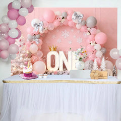Lofaris Pink Winter ONEderland Birthday Cake Smash Backdrop Silver Bows and Balloon Arch with Snowflake Decor
