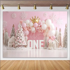 Lofaris Pink Winter Snowflake First Birthday Backdrop Gold Crown ONE Sign Polar Bear Girl Background