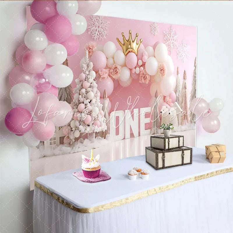 Lofaris Pink Winter Snowflake First Birthday Backdrop Gold Crown ONE Sign Polar Bear Girl Background