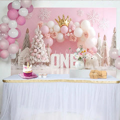 Lofaris Pink Winter Snowflake First Birthday Backdrop Gold Crown ONE Sign Polar Bear Girl Background