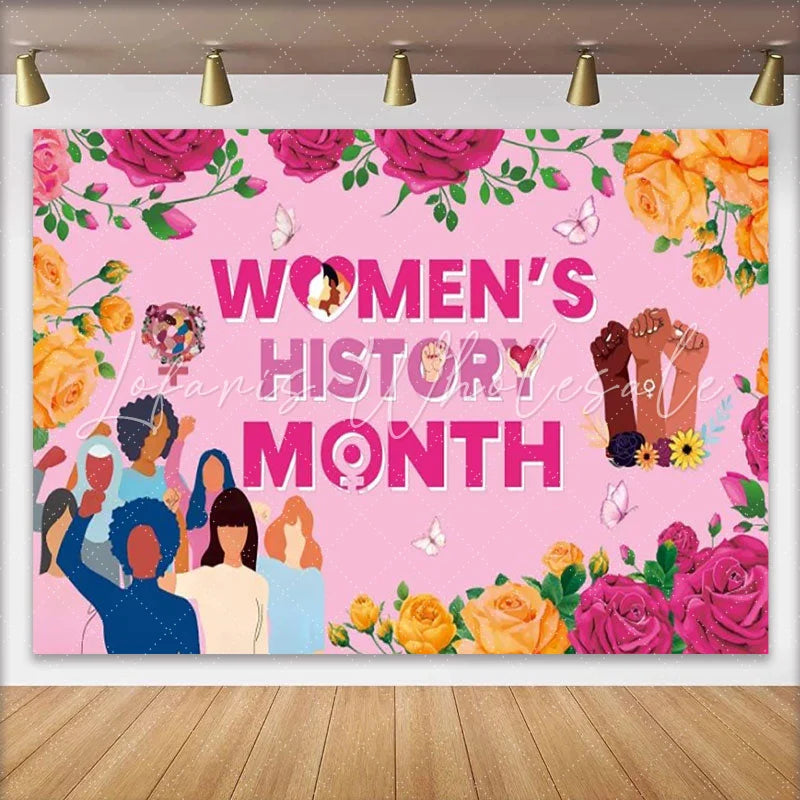 Lofaris Pink Womens History Month Backdrop Diverse Females Raised Fists Roses Floral Empowerment Party Decor