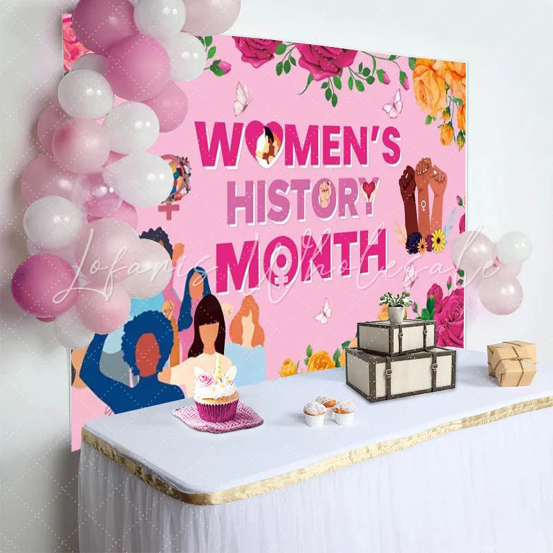 Lofaris Pink Womens History Month Backdrop Diverse Females Raised Fists Roses Floral Empowerment Party Decor