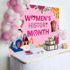 Lofaris Pink Womens History Month Backdrop Diverse Females Raised Fists Roses Floral Empowerment Party Decor