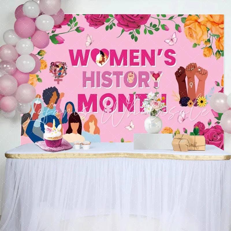 Lofaris Pink Womens History Month Backdrop Diverse Females Raised Fists Roses Floral Empowerment Party Decor
