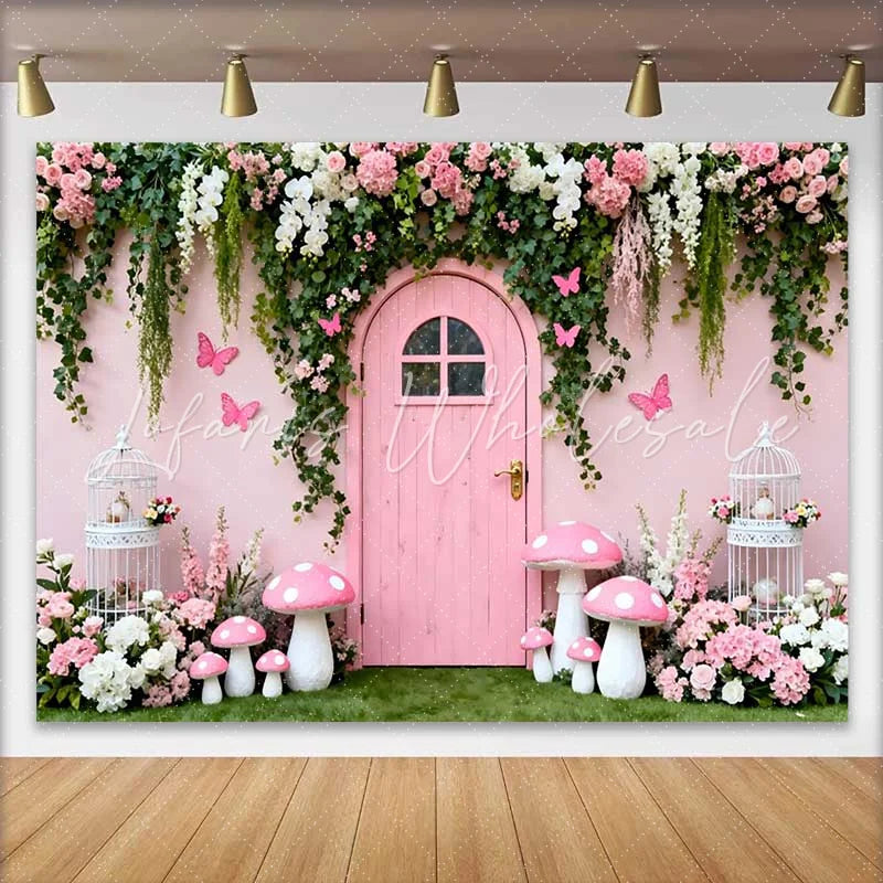 Lofaris Pink Wooden Door and Floral Vines Spring Backdrop Fairy Mushroom Birdcage Birthday Party Background