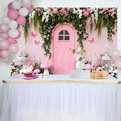Lofaris Pink Wooden Door and Floral Vines Spring Backdrop Fairy Mushroom Birdcage Birthday Party Background