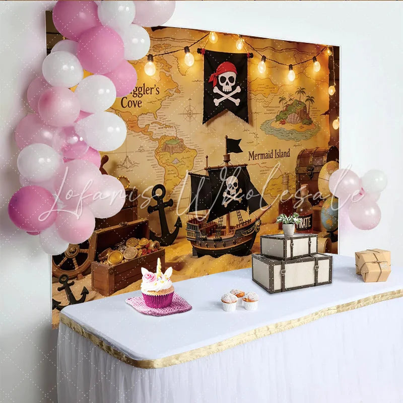 Lofaris Pirate Photography Backdrop with Treasure Map Ship and Gold Coins Adventure Theme Background for Party Decor and Photoshoot