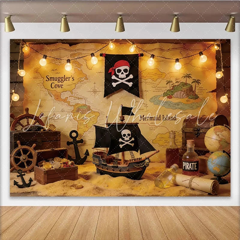 Lofaris Pirate Photography Backdrop with Treasure Map Ship and Gold Coins Adventure Theme Background for Party Decor and Photoshoot