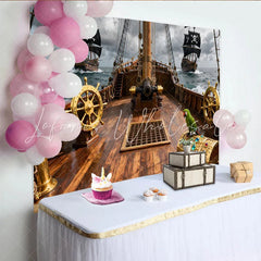 Lofaris Piraten-Schiffdeck goldene Steuerräder und Schatzkiste Partyhintergrund für Abenteuer-Geburtstagsfeiern