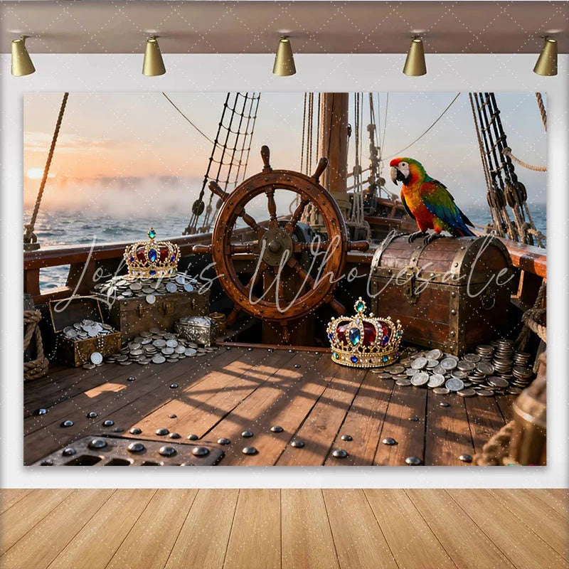 Lofaris Piratenschiff-Hintergrund mit Schatzkiste Krone und Papagei Fotokulisse für Kindergeburtstage