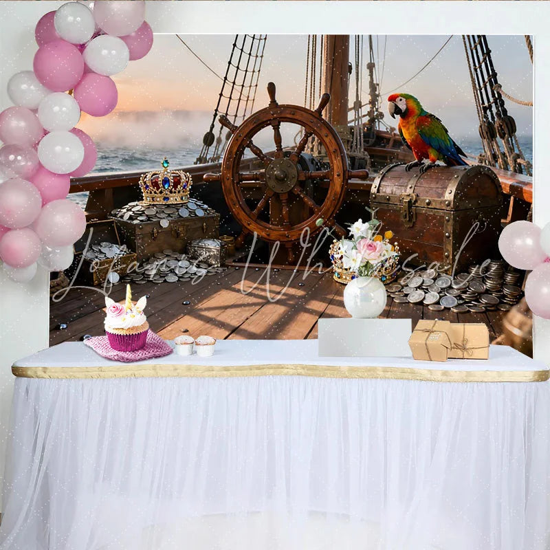 Lofaris Piratenschiff-Hintergrund mit Schatzkiste Krone und Papagei Fotokulisse für Kindergeburtstage