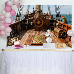 Lofaris Piratenschiff-Partyhintergrund mit Schatzkisten und Goldmünzen für Kindergeburtstage und Abenteuerfeiern