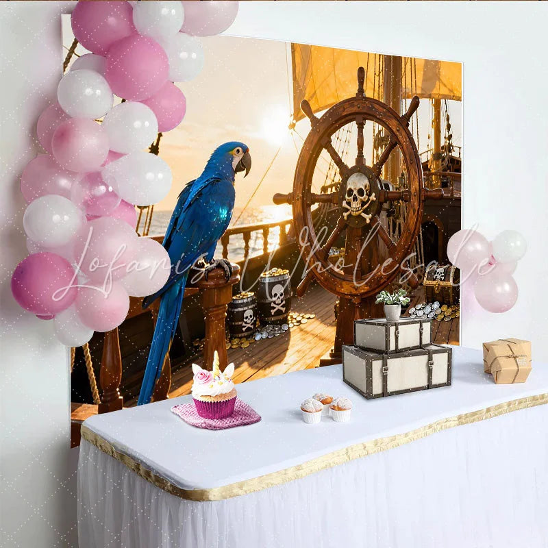 Lofaris Piratenschiff Steuerrad Totenkopf Papagei Schatzkiste Partyhintergrund für Kindergeburtstage und Abenteuerpartys