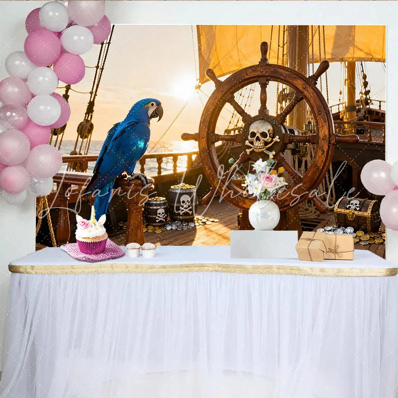 Lofaris Piratenschiff Steuerrad Totenkopf Papagei Schatzkiste Partyhintergrund für Kindergeburtstage und Abenteuerpartys