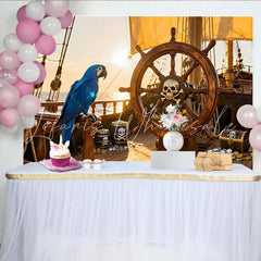 Lofaris Piratenschiff Steuerrad Totenkopf Papagei Schatzkiste Partyhintergrund für Kindergeburtstage und Abenteuerpartys