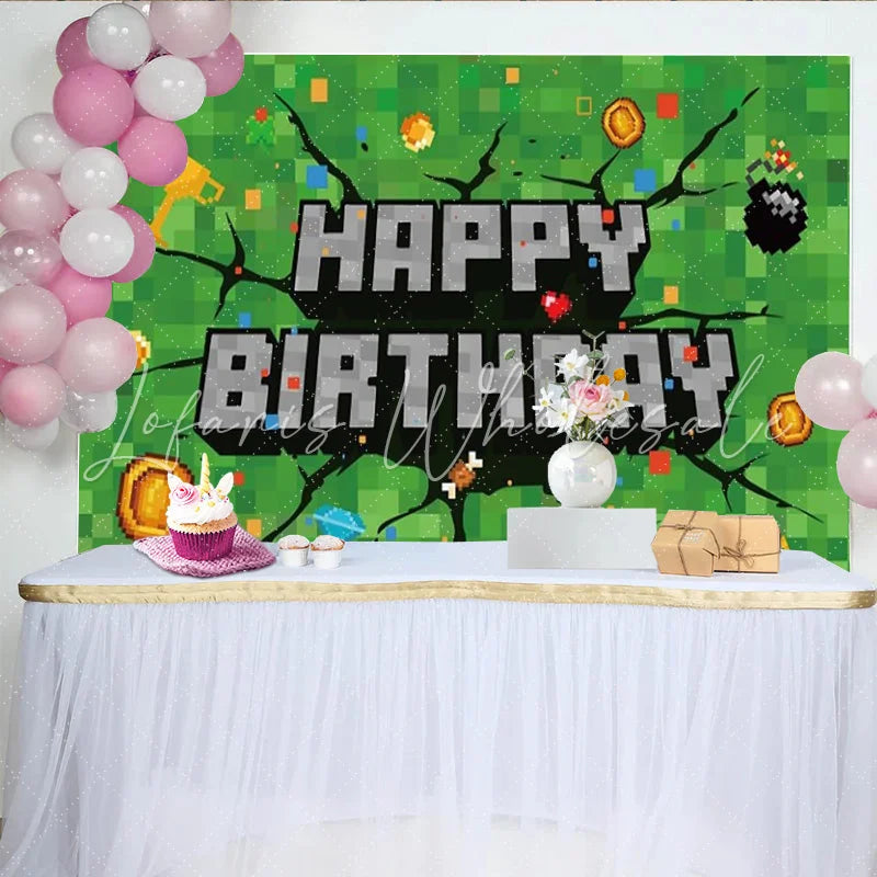 Lofaris Pixel Miner Video Game Birthday Backdrop Green Block Pixelated Grass Party Decoration Geometric Square Photo Background