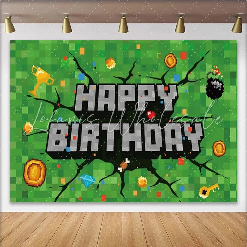 Lofaris Pixel Miner Video Game Birthday Backdrop Green Block Pixelated Grass Party Decoration Geometric Square Photo Background