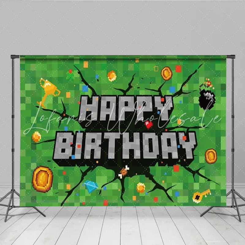 Lofaris Pixel Miner Video Game Birthday Backdrop Green Block Pixelated Grass Party Decoration Geometric Square Photo Background