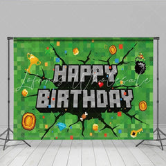 Lofaris Pixel Miner Video Game Birthday Backdrop Green Block Pixelated Grass Party Decoration Geometric Square Photo Background