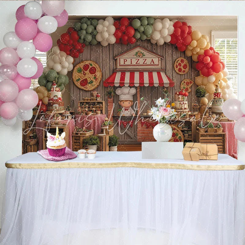 Lofaris Pizza Chef Stand Birthday Backdrop Rustic Wood Wall with Balloon Arch and Dessert Table Decor