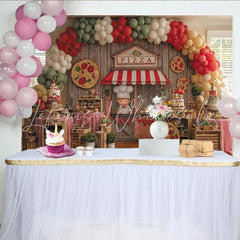 Lofaris Pizza Chef Stand Birthday Backdrop Rustic Wood Wall with Balloon Arch and Dessert Table Decor