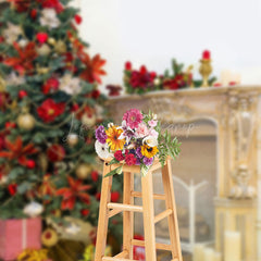 Lofaris Poinsettia Pine Tree Classic Fireplace Xmas Backdrop