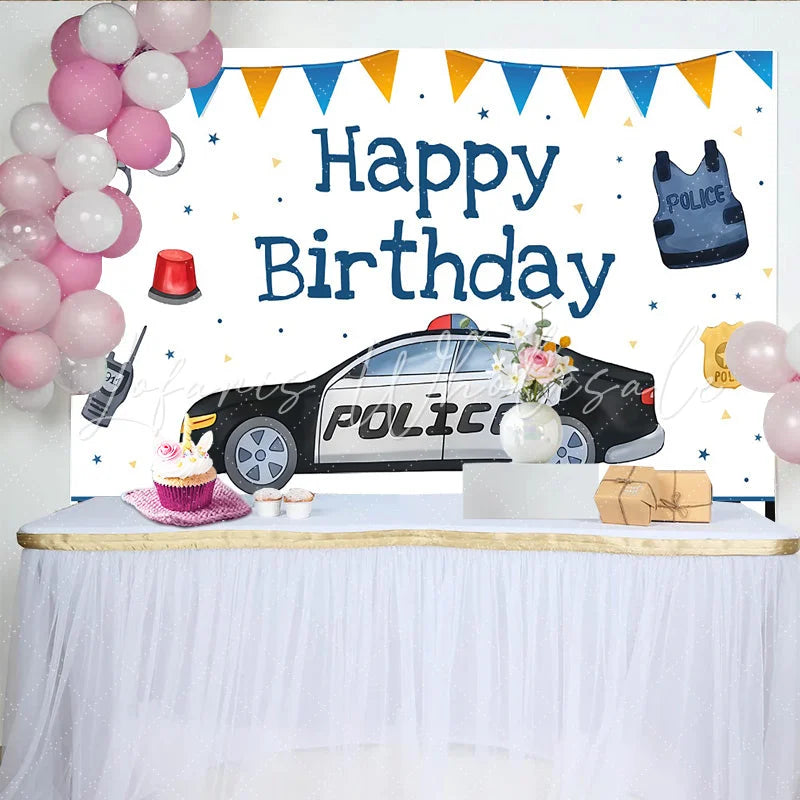 Lofaris Police Car and Officer Gear Birthday Backdrop Blue and Orange Bunting Party Decoration for Boy