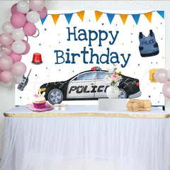 Lofaris Police Car and Officer Gear Birthday Backdrop Blue and Orange Bunting Party Decoration for Boy