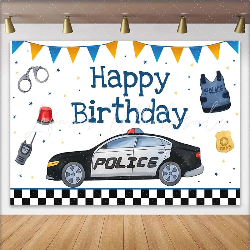 Lofaris Police Car and Officer Gear Birthday Backdrop Blue and Orange Bunting Party Decoration for Boy