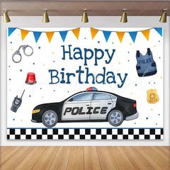 Lofaris Police Car and Officer Gear Birthday Backdrop Blue and Orange Bunting Party Decoration for Boy