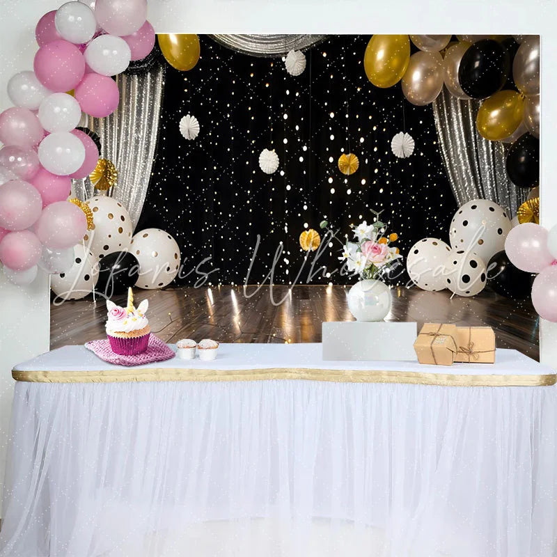 Lofaris Polka Dot Balloons and Silver Curtain Backdrop Black and Gold Birthday Cake Smash Photography Background