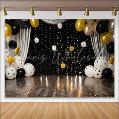 Lofaris Polka Dot Balloons and Silver Curtain Backdrop Black and Gold Birthday Cake Smash Photography Background