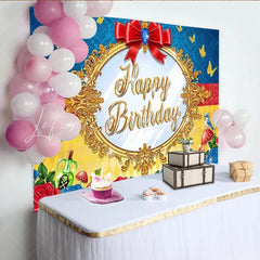 Lofaris Princess Magic Mirror Happy Birthday Backdrop Red Bow Apples and Blue Birds Photography Background