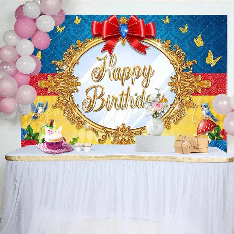 Lofaris Princess Magic Mirror Happy Birthday Backdrop Red Bow Apples and Blue Birds Photography Background