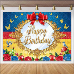 Lofaris Princess Magic Mirror Happy Birthday Backdrop Red Bow Apples and Blue Birds Photography Background