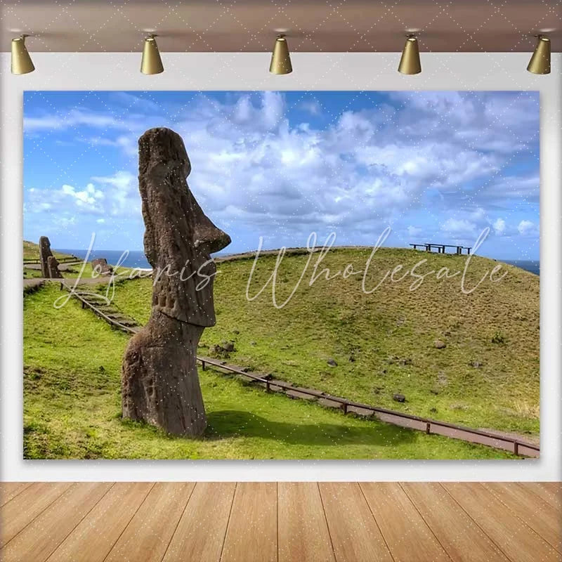 Lofaris Profile Easter Island Moai Statue Landscape Backdrop Ancient Monument Blue Sky Photography Background