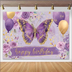 Lofaris Purple and Gold Butterfly Birthday Backdrop Floral Balloon Party Background Girl Bday Cake Table Decoration