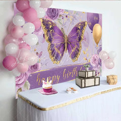 Lofaris Purple and Gold Butterfly Birthday Backdrop Floral Balloon Party Background Girl Bday Cake Table Decoration