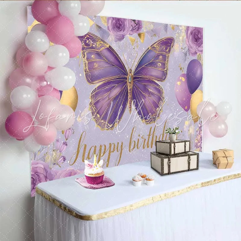 Lofaris Purple and Gold Butterfly Birthday Backdrop Floral Balloon Party Background Girl Bday Cake Table Banner