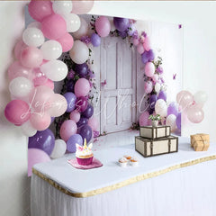 Lofaris Purple and Pink Balloon Photography Backdrop with White Door Floral Party Decor for Studio Photoshoot
