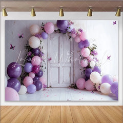 Lofaris Purple and Pink Balloon Photography Backdrop with White Door Floral Party Decor for Studio Photoshoot
