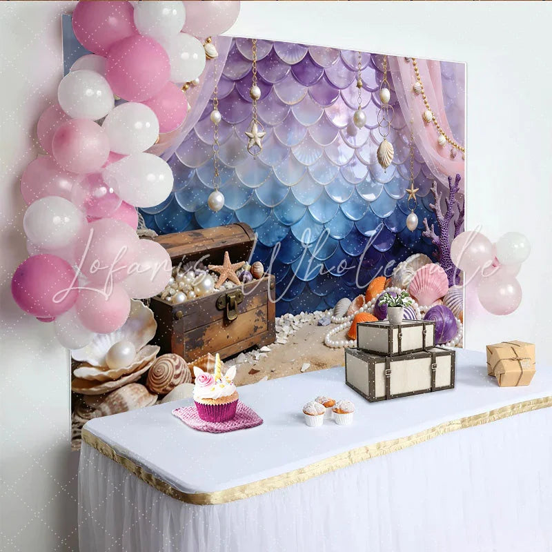 Lofaris Purple Blue Mermaid Scale Photography Backdrop with Treasure Chest and Seashells Ocean Theme Photo Background for Studio Shoot