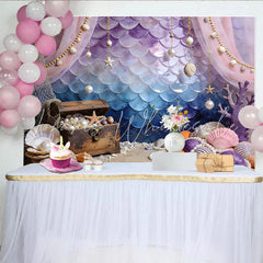 Lofaris Purple Blue Mermaid Scale Photography Backdrop with Treasure Chest and Seashells Ocean Theme Photo Background for Studio Shoot